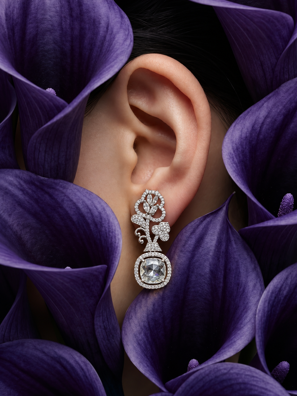 Silver Floral Crystal Drop Earrings