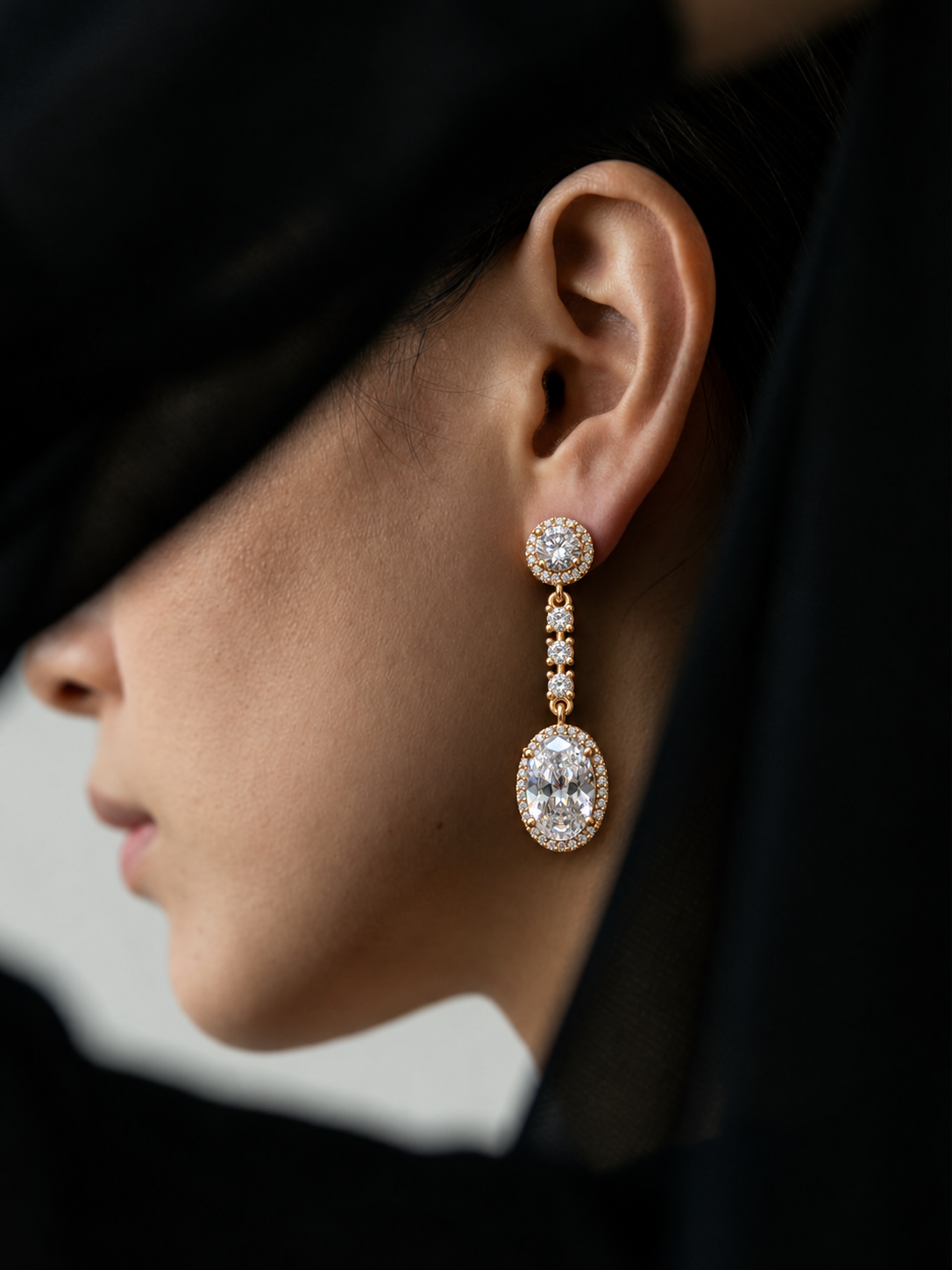 Golden Oval Halo Crystal Drop Earrings