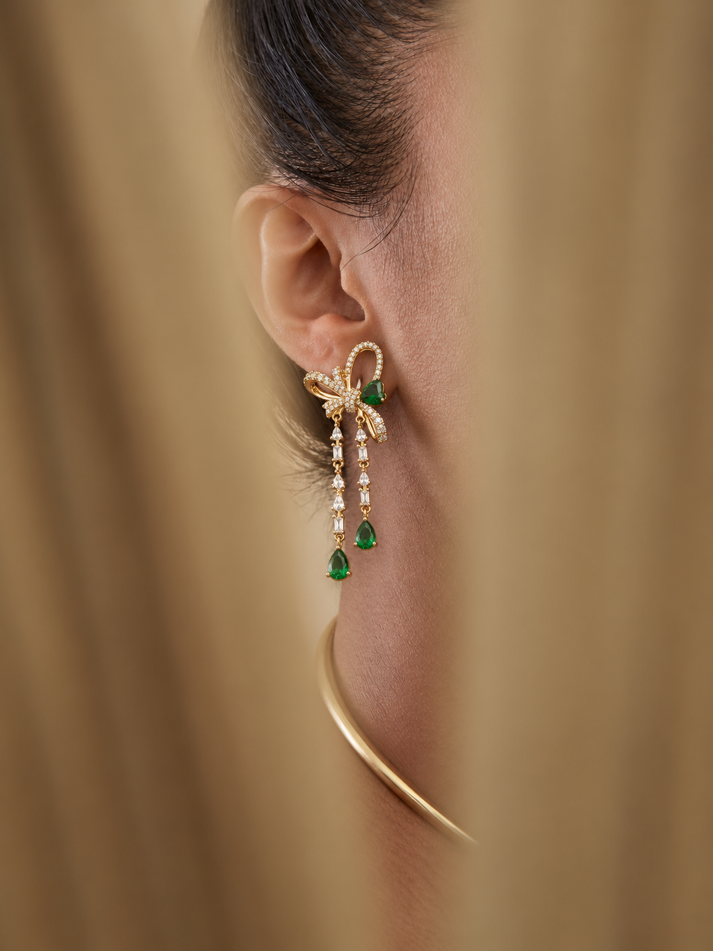 Emerald Green Bow Drop Earrings