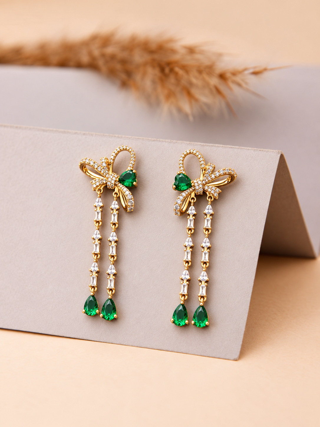 Emerald Green Bow Drop Earrings