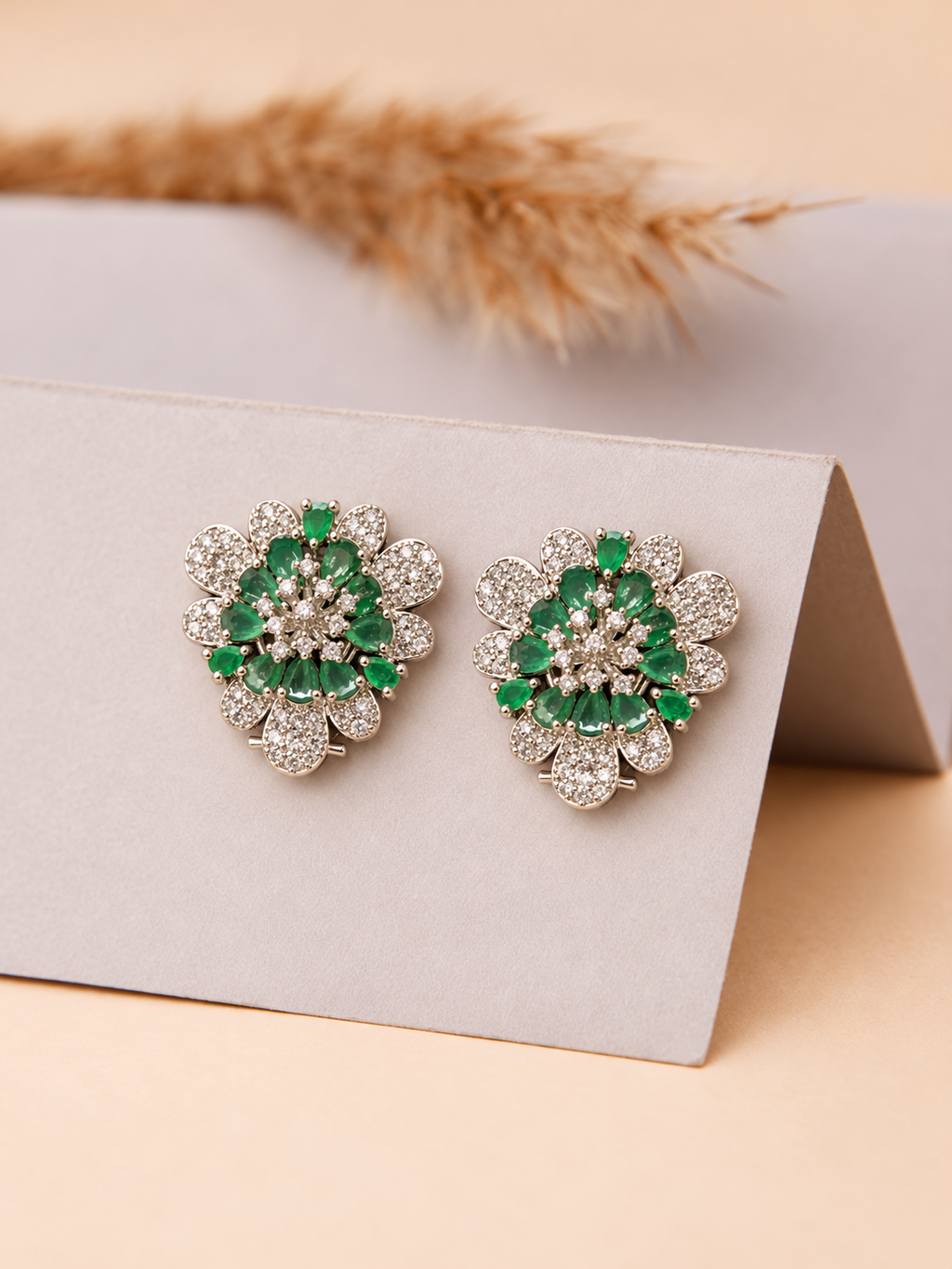 Emerald Green Floral Crystal Stud Earrings