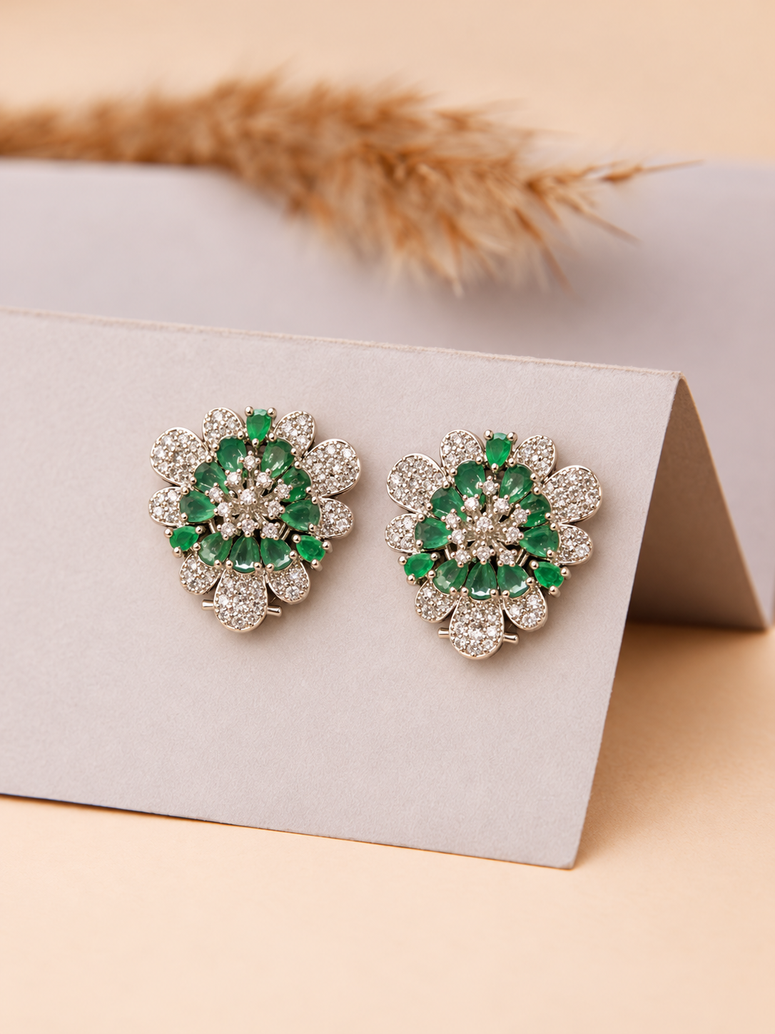 Emerald Green Floral Crystal Stud Earrings