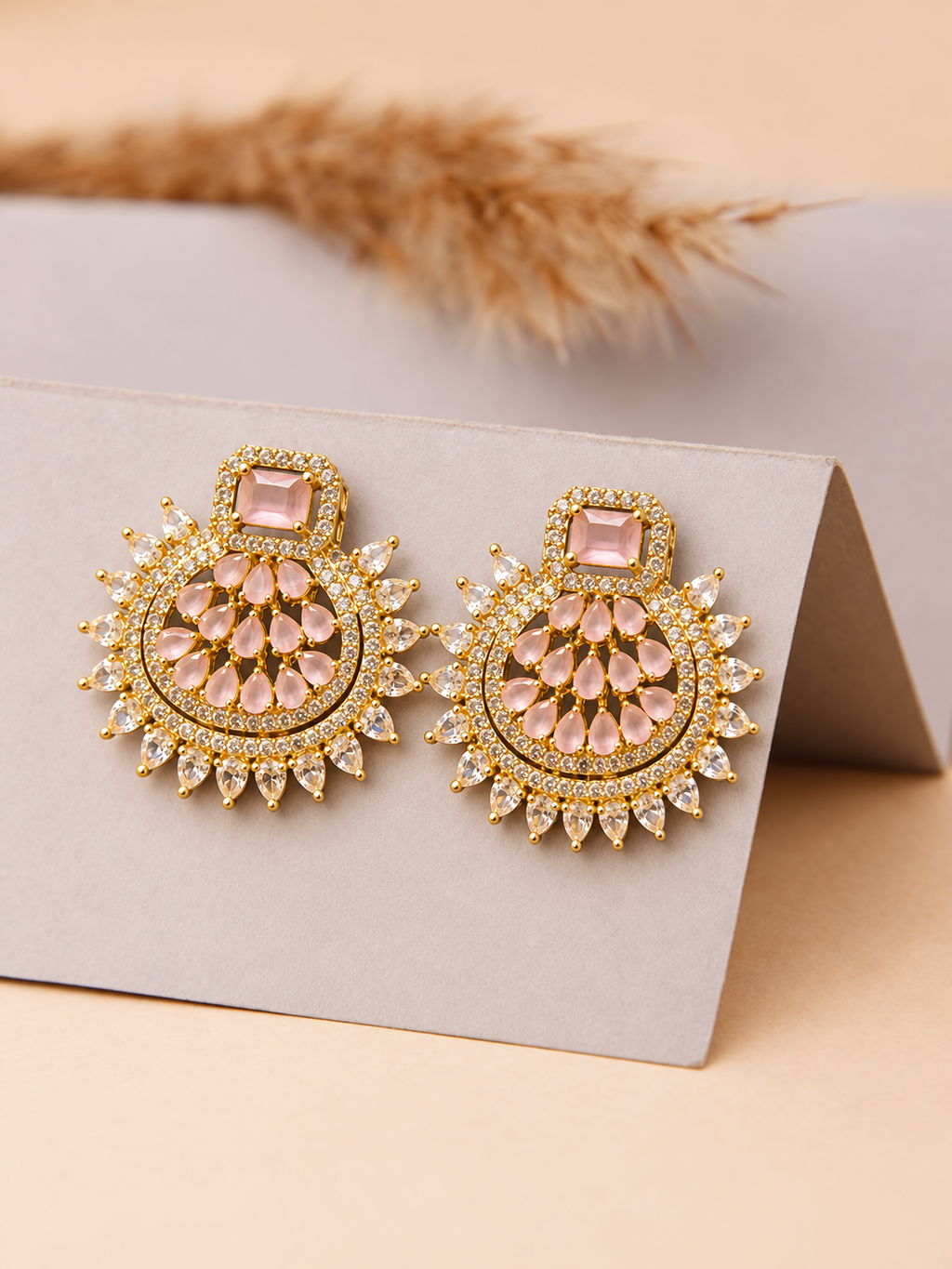 Pink Crystal Royal Chandbali Earrings
