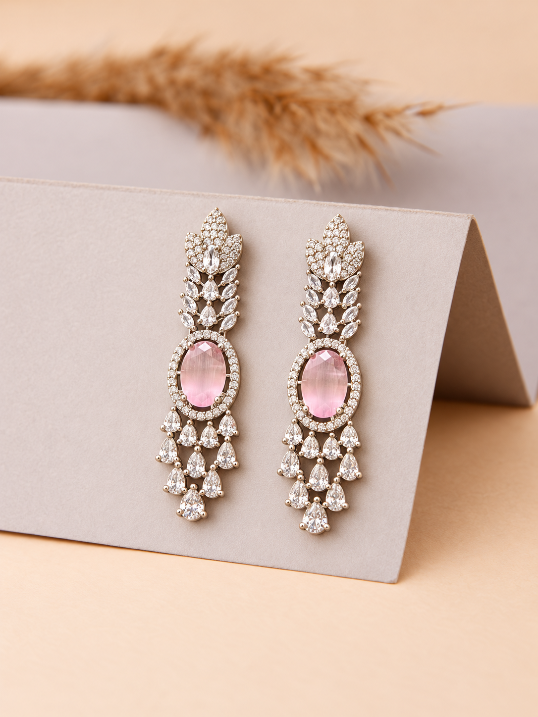 Pink Crystal Silver Chandelier Earrings