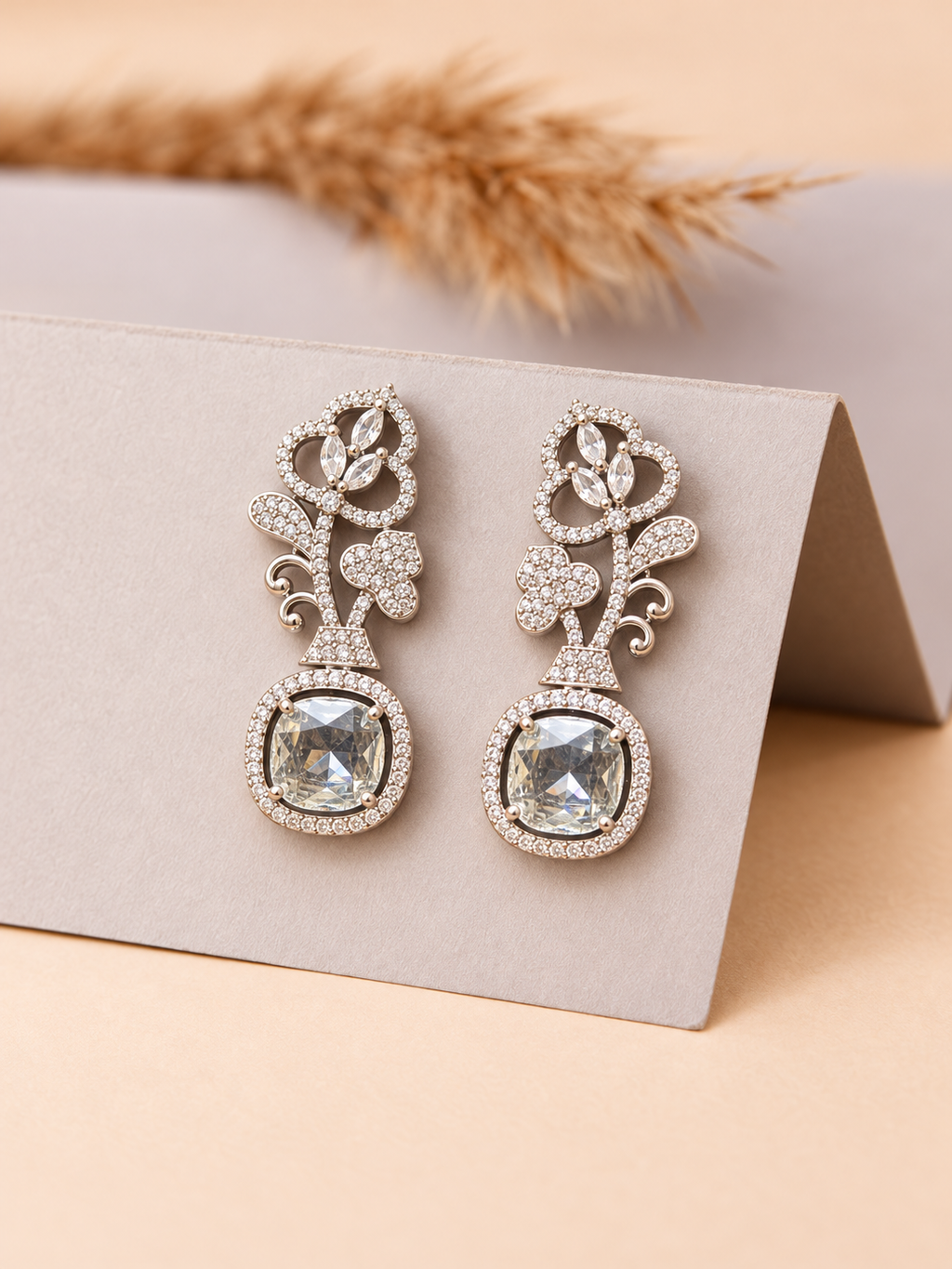 Silver Floral Crystal Drop Earrings