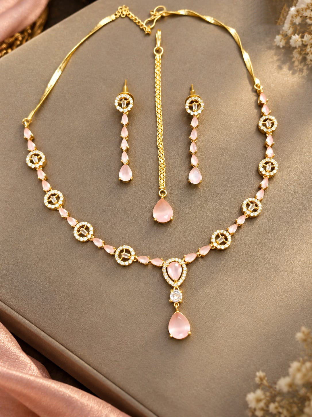 Multicolor Pink Gemstone Necklace & Earrings Set