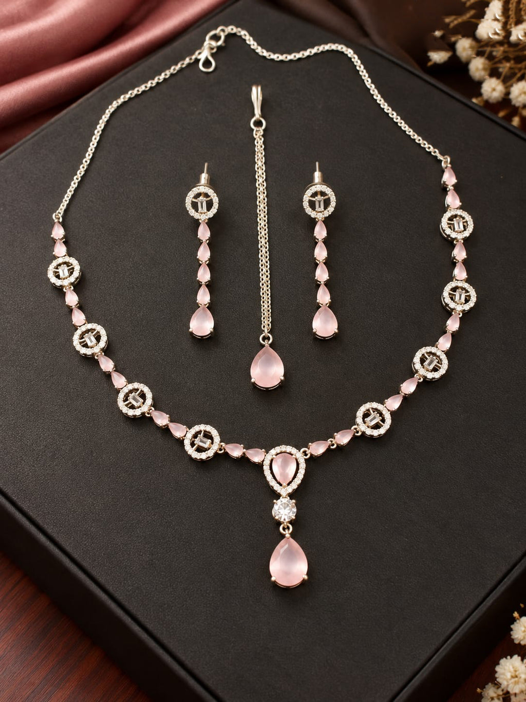Multicolor Pink Gemstone Necklace & Earrings Set